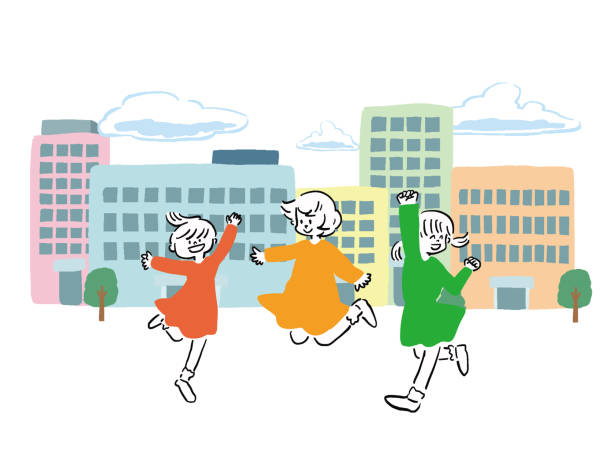 ilustrações, clipart, desenhos animados e ícones de ilustração desenhada à mão de rua de construção pop desenhada à mão e meninas sorrindo e saltando - 2039