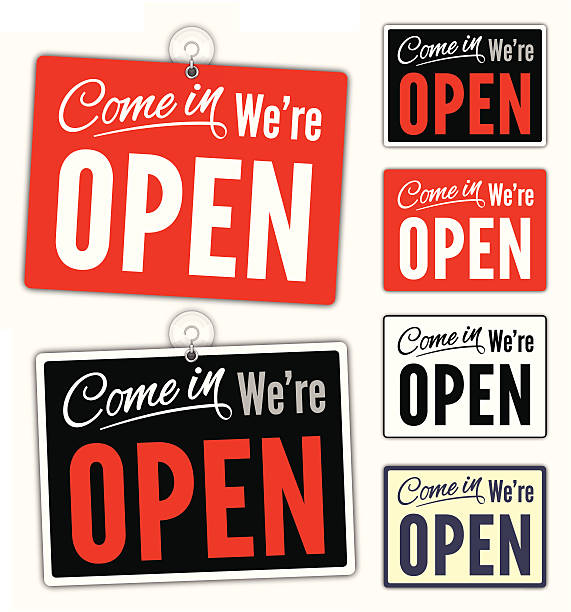 Open Signs Come in we're open sign in various varieties. EPS 10 file. Transparency used on highlight elements. market retail space illustrations stock illustrations
