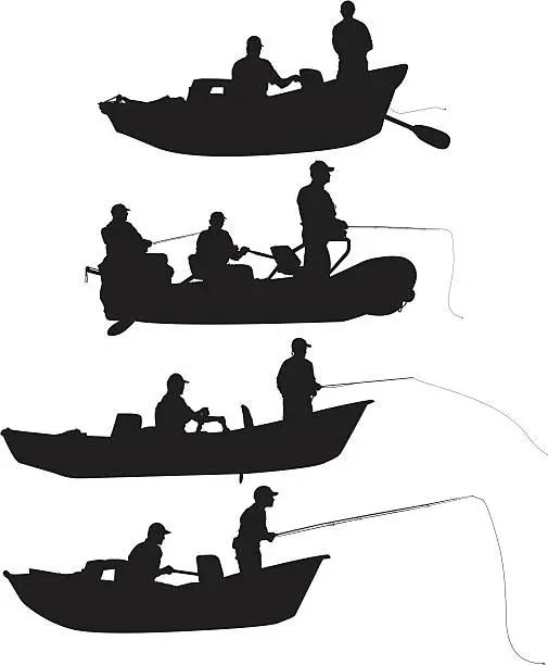 Vector illustration of Multiple silhouettes of people fishing