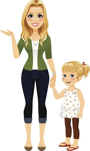 Vector illustration of Mom Holding Hands With Daughter