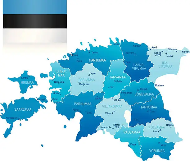 Vector illustration of Map of Estonia - states, cities and flag
