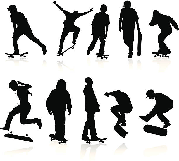 たむろうシルエット - skateboarding skateboard silhouette teenager点のイラスト素材／クリップアート素材／マンガ素材／アイコン素材