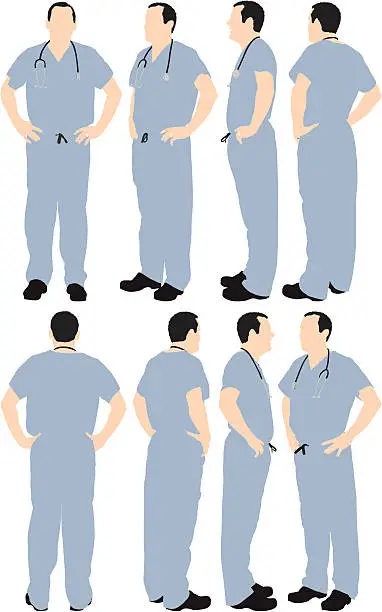 Vector illustration of Multiple images of a doctor with hands on hips