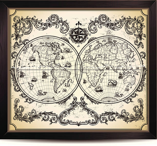 vintage welt karte - map world map globe old stock-grafiken, -clipart, -cartoons und -symbole