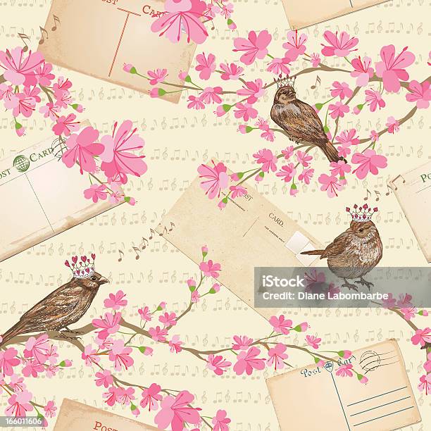 Kirschblüten Pássaros E Postais Padrão - Arte vetorial de stock e mais imagens de Correio - Correio, Cartão Postal, Coroa - Enfeites para a cabeça