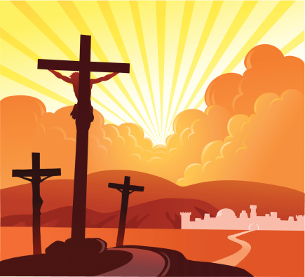 The illustration depicts the crucifixion of Jesus outside Jerusalem while a bright light rays of hope are separating the clouds.