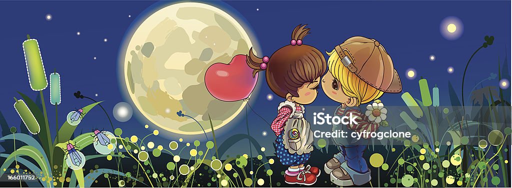 Kissing in the nigh a little boy leaning over to give a first kiss to a little girl in a romantic scene. Boys stock vector
