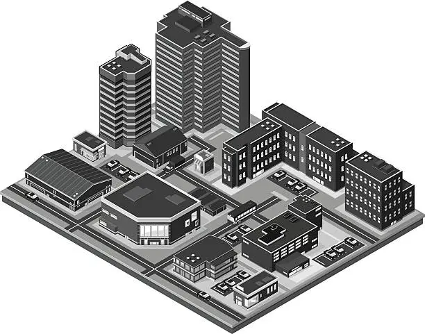 Vector illustration of Black and gray isometric illustration of an urban landscape