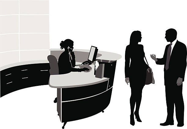 ilustraciones, imágenes clip art, dibujos animados e iconos de stock de officetalk - receptionist office silhouette business