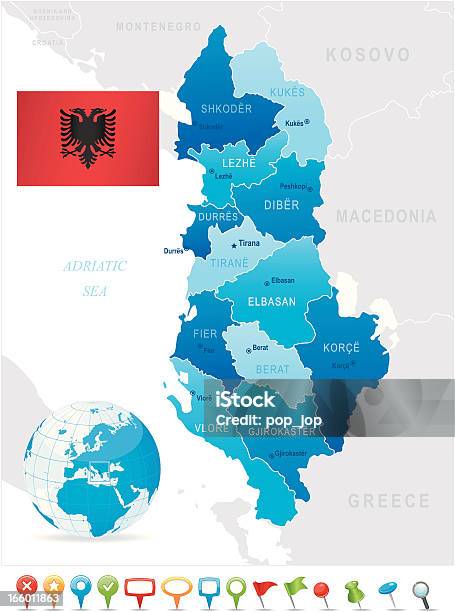 Carte De Lalbanie Les États Membres Villes Drapeau Et Icônes Vecteurs libres de droits et plus d'images vectorielles de Albanie