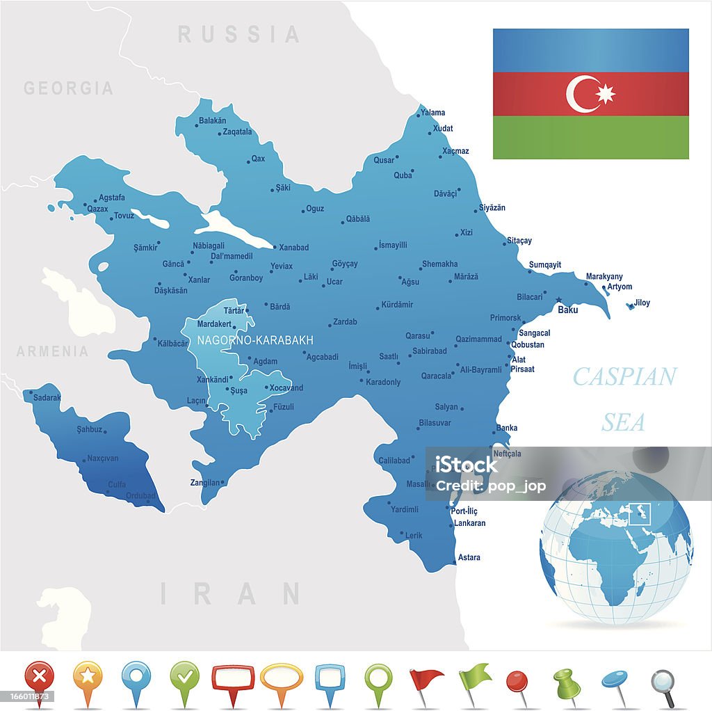 Carte de l'Azerbaïdjan-membres, villes, drapeau et icônes - clipart vectoriel de Haut-Karabakh libre de droits