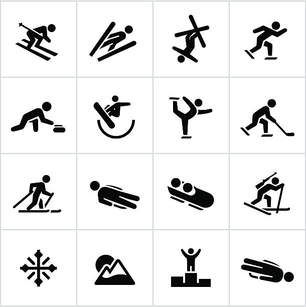 schwarze winter sports/spiele-symbole - kurzstrecken eisschnelllauf stock-grafiken, -clipart, -cartoons und -symbole