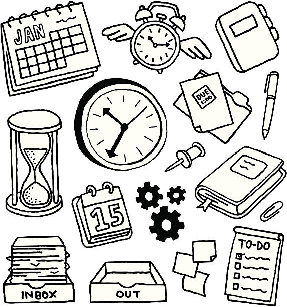 Time Management Doodles Productivity and time management doodles. alarm clock illustrations stock illustrations