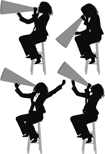 illustrazioni stock, clip art, cartoni animati e icone di tendenza di donna urlando in un megafono - white background using voice full length high heels