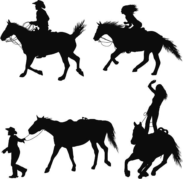 ilustraciones, imágenes clip art, dibujos animados e iconos de stock de rodeo en acción - rodeo cowboy horse silhouette