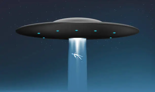 Vector illustration of Midnight Alien UFO abduction Ship with Flying human body