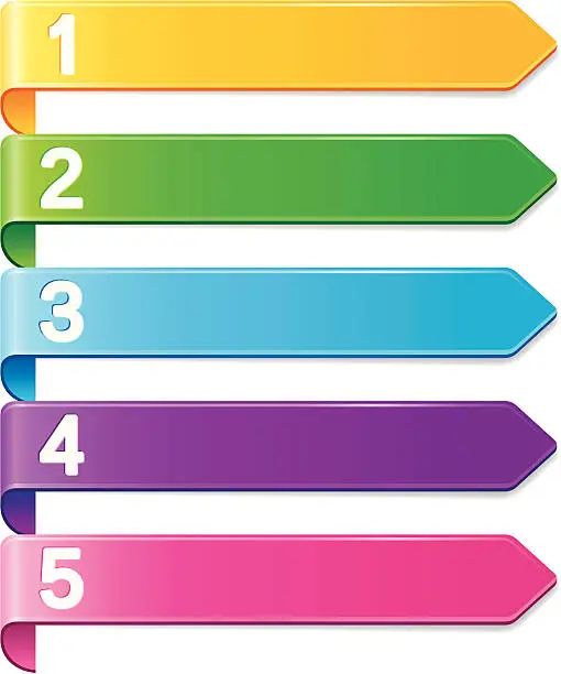 Vector illustration of Five colored banners numbered 1 through 5 in order