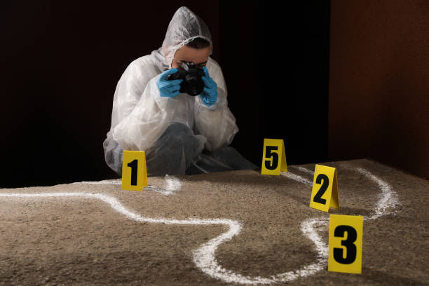 criminologist in protective suit working at crime scene outdoors - crime scene chalk outline crime murder imagens e fotografias de stock