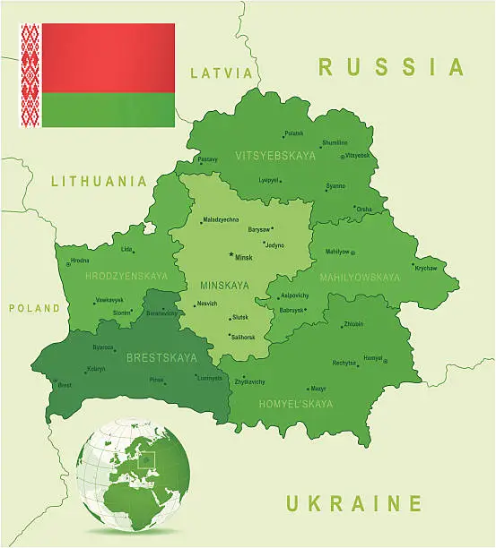 Vector illustration of Green Map of Belarus - states, cities and flag