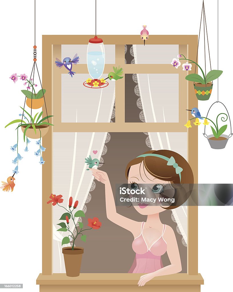 Cute kawaii hummingbirds window girl Pretty girl watching the hummingbirds outside her window with one of her little friends perching on her finger. Window stock vector