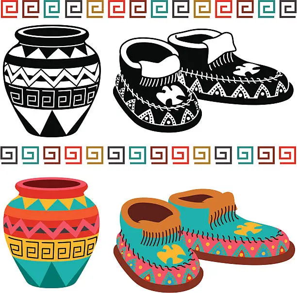 Vector illustration of Native American pottery and moccasins