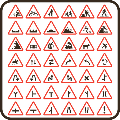 Collection of simple UK road signs (Cautionary type road signs).