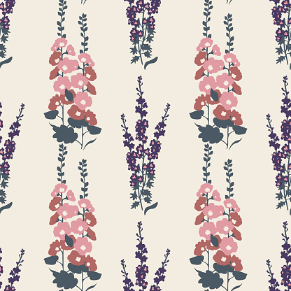Seamless hollyhock and delphinium vector pattern