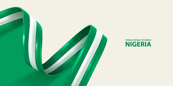 Nigeria ribbon flag, bent waving ribbon in colors of the Nigeria national flag. National flag background.