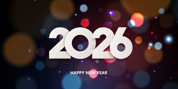 Happy New Year 2026 Happy New Year 2026. Holiday greeting card design. White paper numbers on a defocused colorful, bokeh background. 2026 stock illustrations
