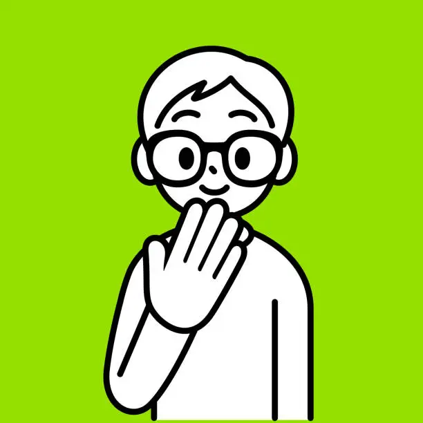 Vector illustration of A giggling boy with Horn-rimmed glasses standing upright, covering his mouth, looking at the viewer, minimalist style, black and white outline