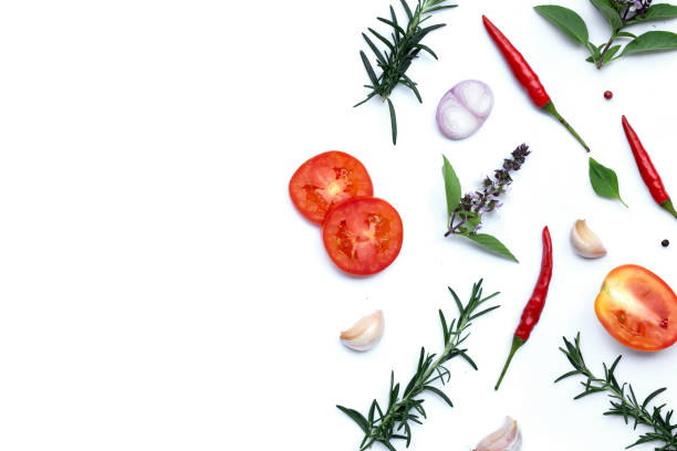 istock Cooking ingredients, Various fresh vegetables and herbs on white background. 1660163707