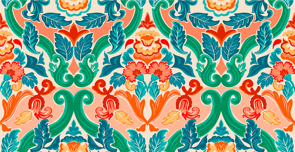 Colorful damask pattern with vintage tapestry motifs, perfect for fabrics and decoration