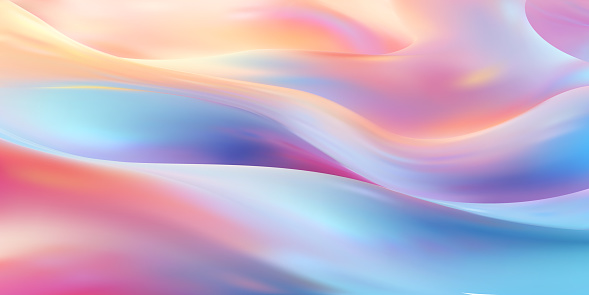 Waves on the sea illuminated by the sunset. Background of iridescent opalescent liquid in blue and pink. Delicate abstract wavy background. Gradient mesh. Wallpaper with soft colors.