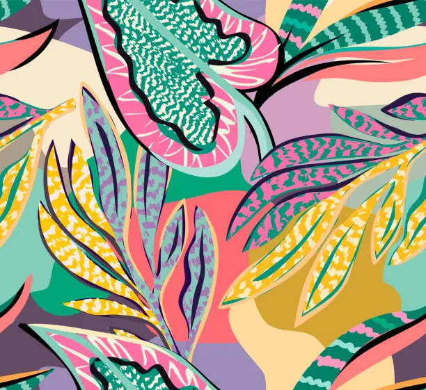 Vector illustration of Tropical pattern with multicolored hand drawn elements and funny background. leaves .