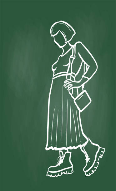 Chunky Heels Platform Boots Fashion Chalkboard Illustration of a fashion model posing with the latest footwear fashion trend pleated white skirt stock illustrations