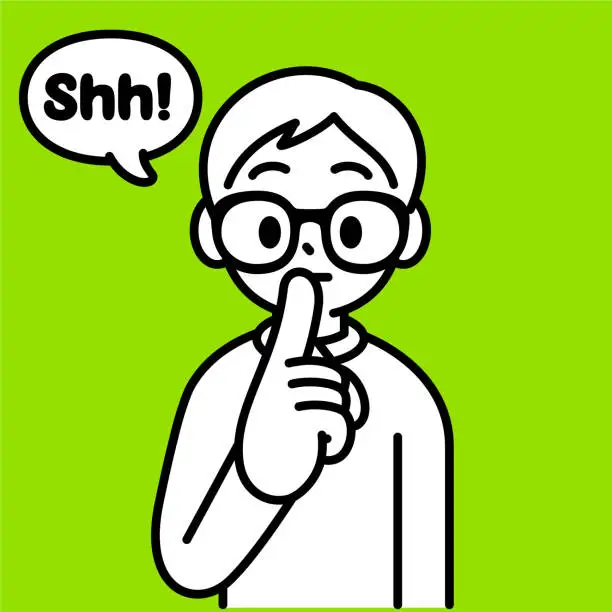 Vector illustration of A studious boy with Horn-rimmed glasses standing upright, with a finger on his lips, looking at the viewer, minimalist style, black and white outline