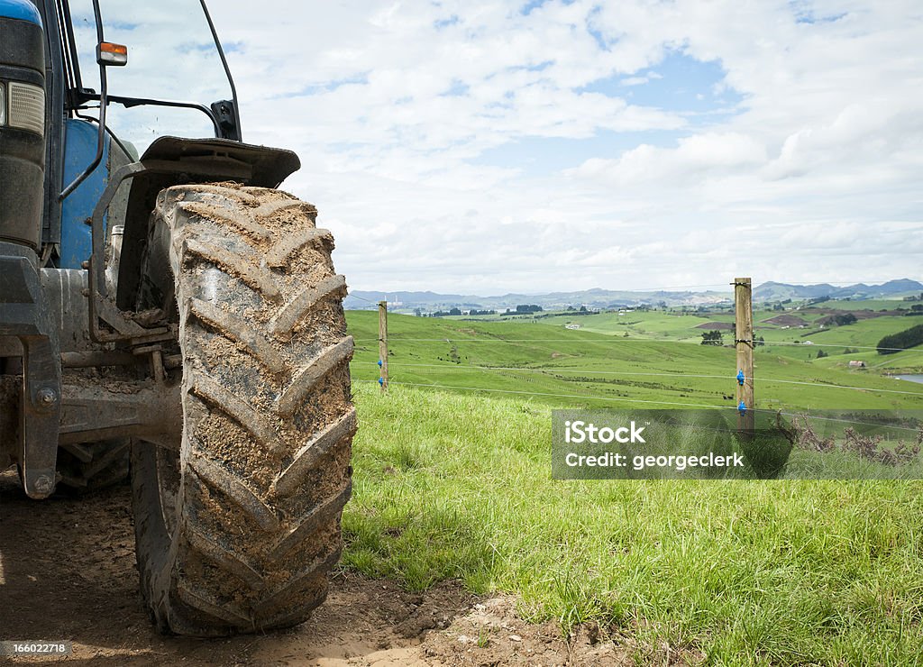Agriculture Backdrop A muddy front tyre of a tractor against a rolling rural background.  Focus on the foreground.  Ample sky space left for copy. Tractor Stock Photo