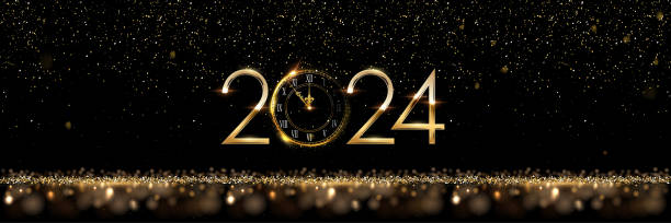 istock 2024 Happy New Year clock countdown background. Gold glitter shining in light with sparkles abstract celebration. Greeting festive card vector illustration. Merry holiday poster or wallpaper design 1660227453