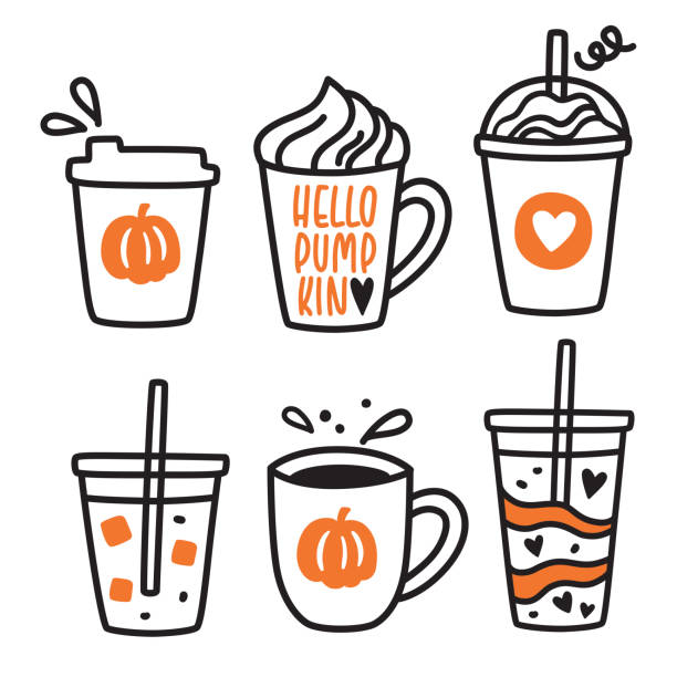 Pumpkin Spice Latte Coffee Drawing Vector Illustration Set vector art illustration