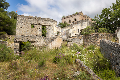 Abandoned Greek village in Turkey. Stone houses and ruins of Kayakoy, Fethiye, Mugla, Turkey.