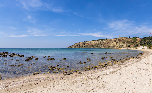 V Beach on the Gallipoli peninsula with the Helles Memorial on the hill in the distance, Canakkale, Turkey. This is where on April 25, 1915, during world war 1, British and French Corps landed under heavy fire through wire entanglements and great sacrifices.