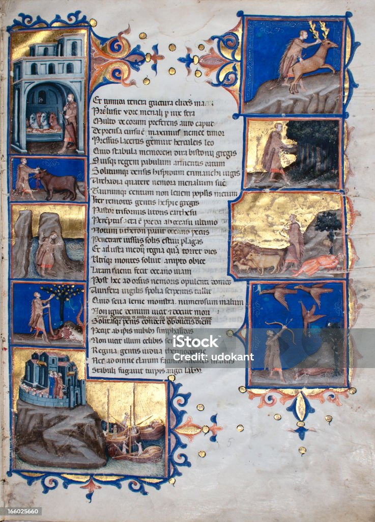 Illuminated code - Virgil's Aeneid XIII century illuminated code from Virgil's Aeneid, National Library in Naples, Italy. Medieval Illuminated Letter Stock Photo