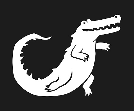 Stylized silhouette of running or dancing alligator crocodile character mascot - monochrome cut out vector illustration