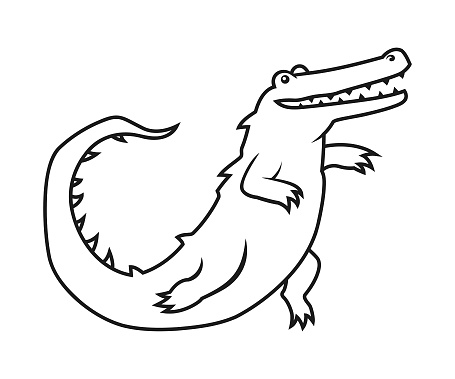 Stylized outline silhouette of running or dancing alligator crocodile character mascot - cut out vector illustration