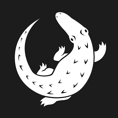 Stylized alligator crocodile character mascot silhouette lying in a circle pose, top view - monochrome cut out vector illustration