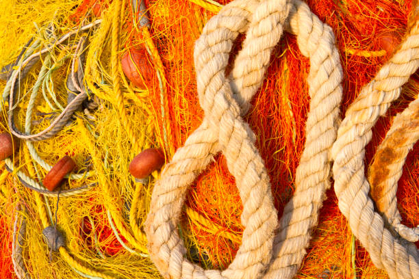 red de pesca y cuerda en detalle - commercial fishing net netting fishing striped fotografías e imágenes de stock