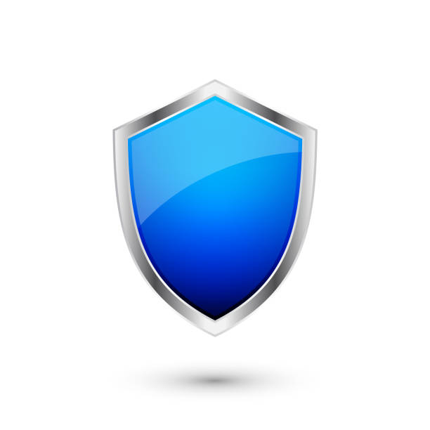istock Vintage heraldic 3d shield icon with shiny metal frame. Blue protection, security and defence symbol. Medieval design element. Vector illustration 1660292785