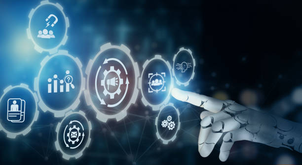 Customer data analytics concept. AI analytics the target customer, buyer persona, customer journey, using marketing automation for personalized marketing. Robot touching on screen to target customer. concepto de análisis de datos de clientes. ai analiza el cliente objetivo, la persona del comprador, el recorrido del cliente, utilizando la automatización de marketing para el marketing personalizado. robot tocando en la pantalla para dirigirse al clien