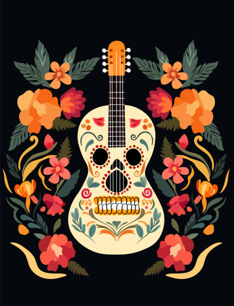 ilustraciones, imágenes clip art, dibujos animados e iconos de stock de día de los muertos, celebración del día de muertos en méxico con guitarra, flores y hojas alrededor. diseño para carteles, pancartas y tarjetas. vector - ceremonial dancing illustrations