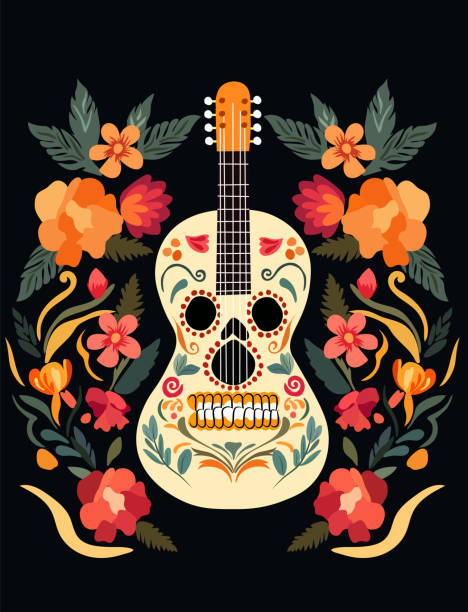 ilustrações, clipart, desenhos animados e ícones de dia de los muertos, comemoração do dia dos mortos no méxico com violão, flores e folhas ao redor. design para cartazes, banners e cartões. vetor - ceremonial dancing illustrations